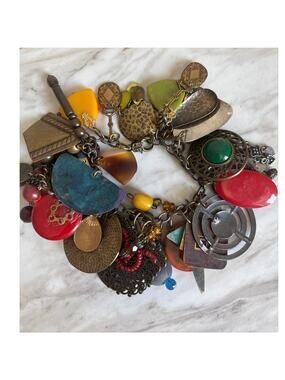 7.5” Vintage Artist Handmade CHARMS Assemblage Bracelet Mixed Metals Boho Chic